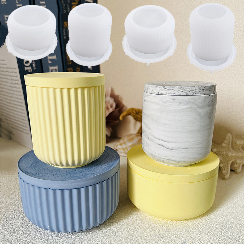 Potsticker Mold - セメントキャンドルジャーふた付きシリコンモールド、シンプルなラウンドストライプのコンクリート収納ジャー、エポキシ樹脂ペンホルダー、flowerpot型