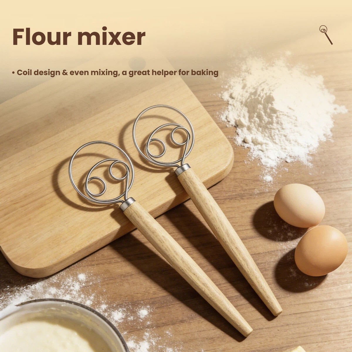 Danish Pancake Pan - 生地泡立て器 大きな木製ハンドル デンマーク式泡立て器 パン生地ハンドミキサー キッチン泡立て器 マニュアルエッグビーター